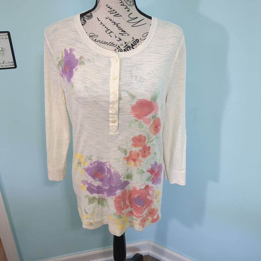 LRL Lauren Ralph Lauren Floral Henley Burnout Top medium shirt blouse